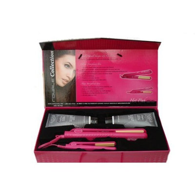 Royale Hot Pink 4 Items Gift Set - Natural Shampoo + Conditioner + Classic Ceramic Flat Iron + Mini Ceramic Hair Straightener Dual Voltage 110v-240v