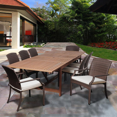 Arena 9 Piece Eucalyptus/Synthetic Wicker Extendable Rectangular Patio Dining Set with Off-White Cushions