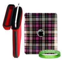 Apple iPad Ruby Red Snug Fit Canteen Style Hard Cube Case with Tilt Stand for Apple Ipad Tablet ( 3G , wifi , WiFi + 3G, MB292LL/A Tablet ) + Stylishly Designed Pink Plaid iPad Hard Snap On Case + VG Live * Laugh * Love Silicone Wrist band!!!