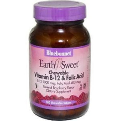 Bluebonnet Earth Sweet Vitamin B-12 And Folic Acid Chewable Tablets, Raspberry, 180 Count