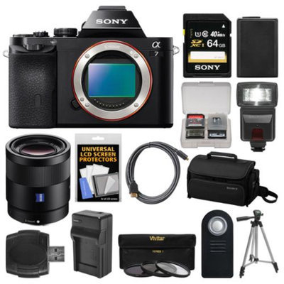 Sony Alpha A7 Digital Camera Body with Sonnar T* FE 55mm f/1.8 ZA Lens + 64GB Card + Case + Flash + Battery/Charger + Tripod Kit