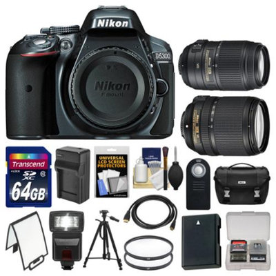 Nikon D5300 Digital SLR Camera Body (Grey) with 18-140mm VR & 55-300mm VR Zoom Lens + 64GB Card + Case + Flash Kit