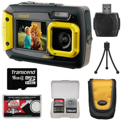 Coleman Duo 2V9WP Dual Screen Shock & Waterproof Digital Camera (Yellow) with 16GB Card + Case + Kit