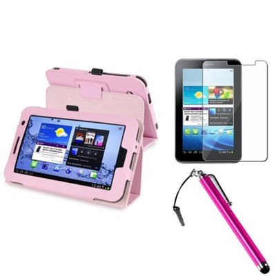 Insten INSTEN Pink Folio PU Leather Case/360 Case Stand For Samsung Galaxy Tab 2 Tablet+Screen Protector+Stylus Pen