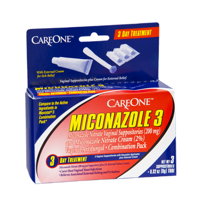 CareOne Miconazole 3 Vaginal Antifungal Suppositories with Applicator Plus External Cream 3 Day Treatment Combination Pack