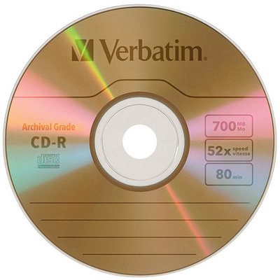 Verbatim 96319 CD-R Archival Grade Disc- 700MB- 52x- w/Jewel Case- Gold- 5/Pack
