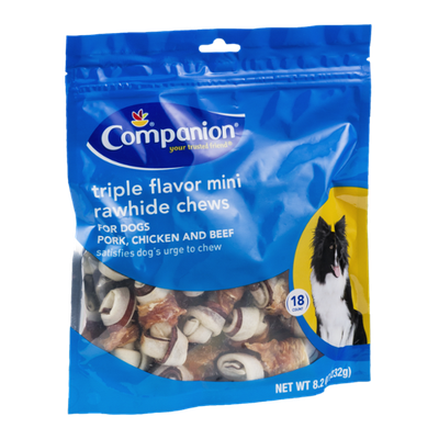 Companion Triple Flavor Mini Rawhide Chews for Dogs Pork, Chicken and Beef - 18 CT