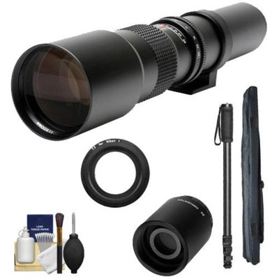 Samyang 500mm f/8.0 Telephoto Lens (T Mount) with 2x Teleconverter (=1000mm) + Monopod + Accessory Kit for Nikon 1 J1, J2 & V1 Digital Cameras