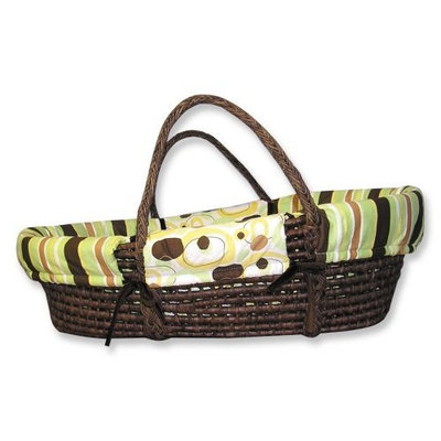 Trend Lab Giggles Moses Basket Set - Chocolate Basket with Giggles Print Wrap Style Bumper and Sage Mattress Cover Sheet