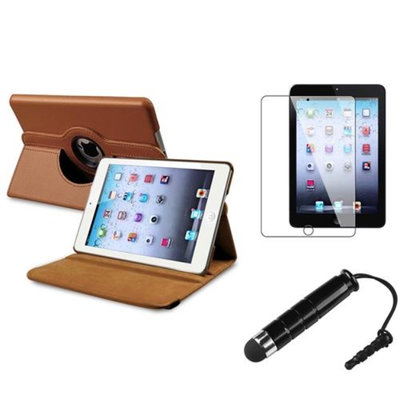 Insten iPad Mini 3/2/1 Case, by INSTEN Brown Rotating Leather Case Stand+Protector/Pen for Apple iPad Mini 3rd 3 2nd 1 1st Gen