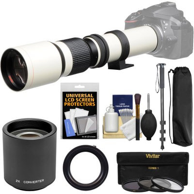 Vivitar 500mm f/8.0 Telephoto Lens (T Mount) (White) with 2x Teleconverter (=1000mm) + Monopod + 3 Filters Kit for Nikon D3200, D3300, D5300, D5500, D7100, D7200, D610, D750, D810 Camera with VIVITAR USA Warranty