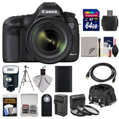 Canon EOS 5D Mark III Digital SLR Camera with EF 24-70mm f/4.0L IS USM Lens with 64GB Card + Case + 320EX LED Flash + Battery & Charger + Tripod + Filter Kit