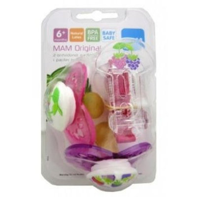 Mam Original Natural Latex 2 Pacifiers and 1 Pacifier Clip, 6 + Months - Pink Color