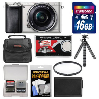 Sony Alpha A6000 Wi-Fi Digital Camera & 16-50mm Lens (Silver) with 16GB Card + Case + Battery + Flex Tripod + Filter Kit