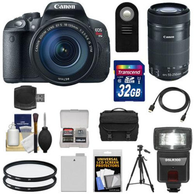 Canon EOS Rebel T5i Digital SLR Camera & EF-S 18-135mm & 55-250mm IS STM Lens with 32GB Card + Battery + Case + Flash + Filters + Tripod Kit