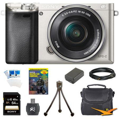 Sony Alpha a6000 24.3MP Silver Interchangeable Lens Camera w/ 16-50mm Zoom 64GB Kit