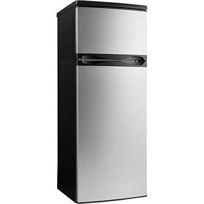 Danby Designer Series DPF073C1BSLDD 7.3 cu. ft. Top Freezer Refrigerator with 3 Adjustable Glass Shelves, 4 Door Bins, Produce Crisper, 1 Wire Freezer Shelf and Reversible Door Swing: Black with Stainless Steel Look