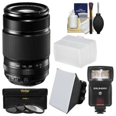 Fujifilm 55-200mm f/3.5-4.8 XF R LM OIS Zoom Lens + Flash + Soft Box + Diffuser + 3 Filters Kit for X-A2, X-E2s, X-M1, X-T1, X-T10, X-Pro2 Camera