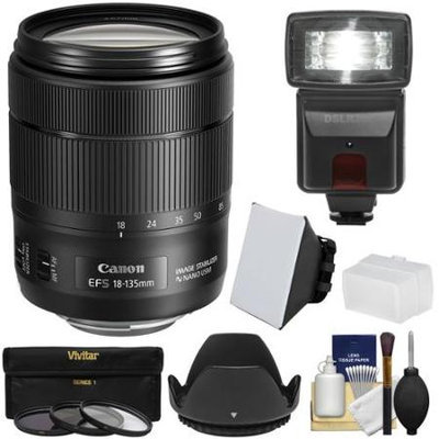 Canon EF-S 18-135mm f/3.5-5.6 IS USM Zoom Lens with Flash + Soft Box + Bounce Diffuser + 3 UV/CPL/ND8 Filters + Hood + Kit