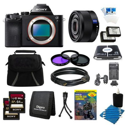 Sony Alpha 7 a7 Digital Camera, 35mm Lens, 2 64GB SDHC Cards, 2 Batteries Bundle