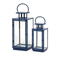 Cc Home Furnishings Set of 2 Asian Inspired Blue Glass and Iron Pillar Candle Lanterns - 22.25