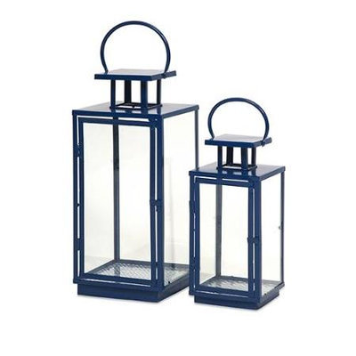 Cc Home Furnishings Set of 2 Asian Inspired Blue Glass and Iron Pillar Candle Lanterns - 22.25