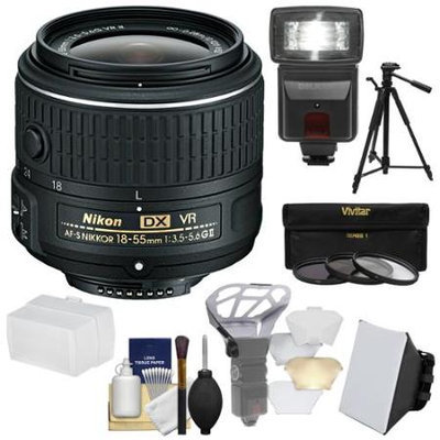 Nikon 18-55mm f/3.5-5.6G VR II DX AF-S Zoom-Nikkor Lens with 3 UV/CPL/ND8 Filters + Tripod + Flash + Soft Box + Diffusers + Kit