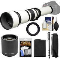 Vivitar 650-1300mm f/8-16 Telephoto Lens (White) (T Mount) with 2x Teleconverter (=2600mm) + NP-FW50 Battery + Monopod + Kit