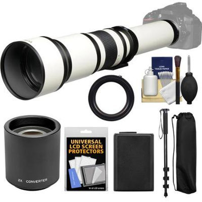 Vivitar 650-1300mm f/8-16 Telephoto Lens (White) (T Mount) with 2x Teleconverter (=2600mm) + NP-FW50 Battery + Monopod + Kit