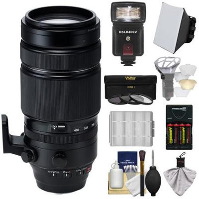 Fujifilm 100-400mm f/4.5-5.6 XF R LM OIS WR Zoom Lens with 3 Filters + Flash + Diffusers + Batteries & Charger + Kit