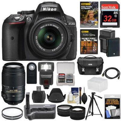 Nikon D5300 Digital SLR Camera & 18-55mm VR II & 55-300mm VR DX Lens, 32GB, DVD & Case with Battery & Charger + Filters + Flash + Grip + Tripod + Tele/Wide Lens Kit with NIKON USA Warranty