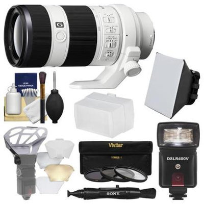 Sony Alpha E-Mount FE 70-200mm f/4.0 G OSS Zoom Lens with Flash + Soft Box + Diffuser Bouncer + 3 UV/CPL/ND8 Filters + Kit