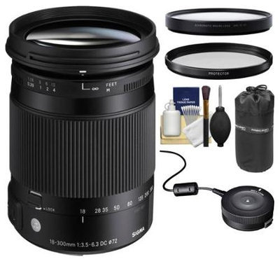 Sigma 18-300mm f/3.5-6.3 Contemporary DC Macro OS HSM Zoom Lens (for Canon EOS Cameras) with USB Dock + Protector Filter + Macro Filter + Pouch + Kit