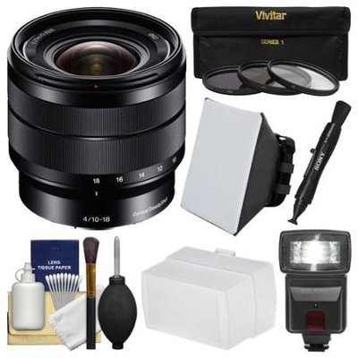 Sony Alpha E-Mount 10-18mm f/4.0 OSS Wide-angle Zoom Lens with Flash + Soft Box + Bounce Diffuser + 3 UV/CPL/ND8 Filters + Kit