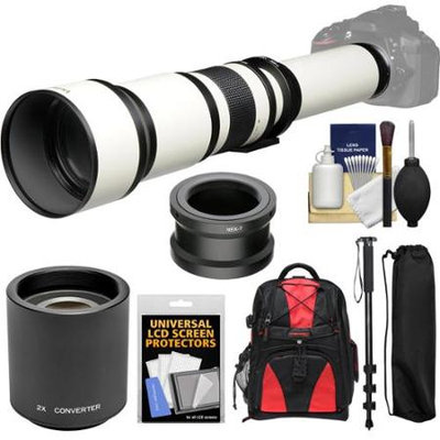 Vivitar 650-1300mm f/8-16 Telephoto Lens (White) (T Mount) with 2x Teleconverter (=2600mm) + Monopod + Backpack + Kit