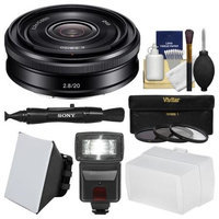Sony Alpha E-Mount 20mm f/2.8 Wide-Angle Pancake Lens with Flash + Soft Box + Bounce Diffuser + 3 UV/CPL/ND8 Filters + Kit