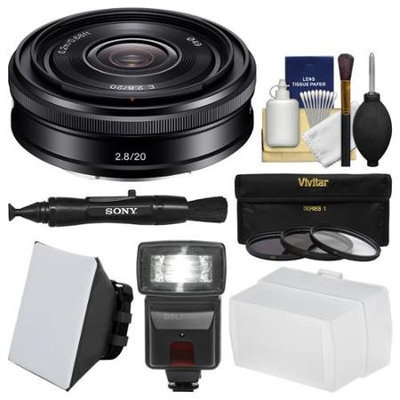 Sony Alpha E-Mount 20mm f/2.8 Wide-Angle Pancake Lens with Flash + Soft Box + Bounce Diffuser + 3 UV/CPL/ND8 Filters + Kit
