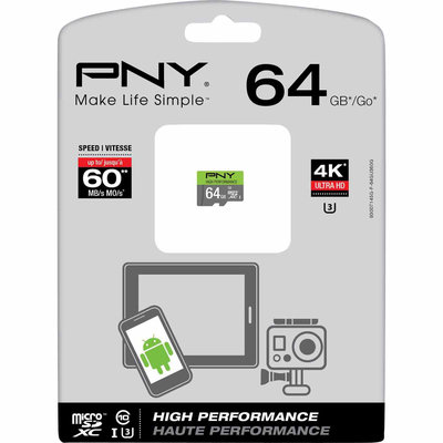 PNY High Performance 64GB microSDHC Class 10 UHS I, U3 up to 60MB/sec Flash Memory Card - PNY ELECTRONICS, INC.