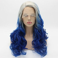 Lushy Wavy Long Grey Root Blue Ombre Half Hand Tied Heat Friendly Full Density Synthetic Lace Front Wig