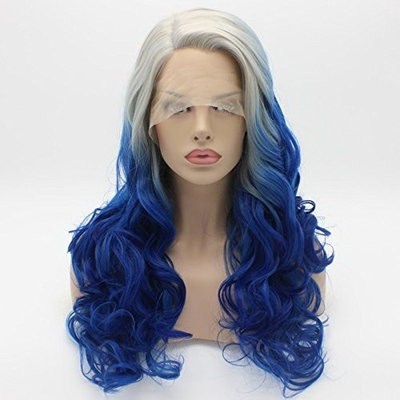 Lushy Wavy Long Grey Root Blue Ombre Half Hand Tied Heat Friendly Full Density Synthetic Lace Front Wig