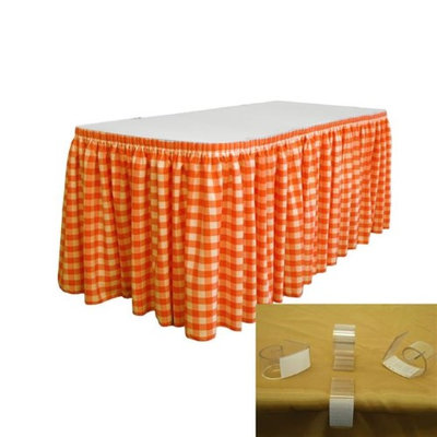 LA Linen SKTcheck21x29-15Lclips-OrangeK48 Polyester Gingham Checkered Table Skirt with 15 L-Clips White & Orange - 21 ft. x 29 in.