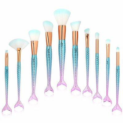 Mermaid Makeup Brushes Set Professional 10Pcs Fantasy Foundation Brush Soft Nylon Bristles Blending Blush Concealer Eye Face Lip Cosmetic Beauty Tools(Pink Blue Gradient)
