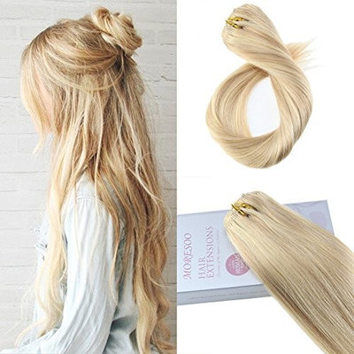 Moresoo 16 Inch Clip on Extensions Human Hair Remy Hair Double Weft Hair Extensions Real Hair Color #16 Golden Blonde Highlighted with #22 Blonde Human Hair Extensions 7pcs