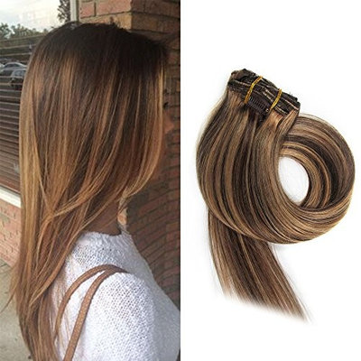 BETTY Clip In Human Hair Extensions 15 18 20 22 Inch 7pcs 70g Set Silky Straight Human Remy Hair Omber Color (20inch, #613)