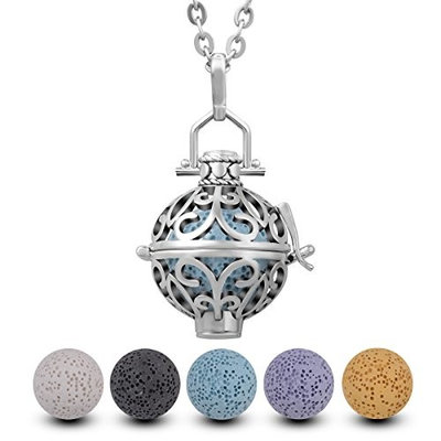INFUSEU Lava Stone Essential Oil Diffuser Necklace Fleur De Lis Aromatherapy Pendant Jewelry + 5PCS Lava Rock for Women Gift set