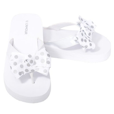 L'Amour White Polka Dot Bow Wedge Flip Flops Sandals Little Girls 11-4