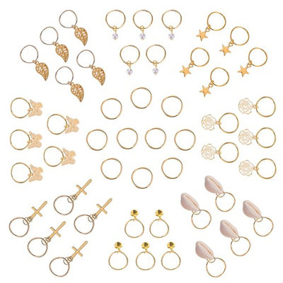 Hotop 50 Pieces Hair Braid Rings Hair Loops Clips Gold Ring Shell Leaves Star Bells Roses Butterfly Bells Pearl Pendant Rings Set, G