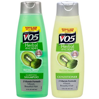 Alberto VO5 Herbal Escapes Kiwi Lime Squeeze + Lemongrass Extract Shampoo & Conditioner 15 Oz ( 2 PACK )