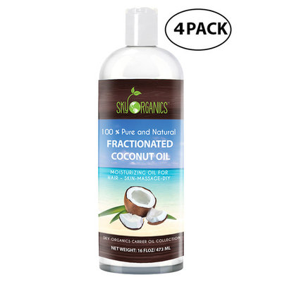 Fractionated Coconut Oil by Sky Organics 16oz- 100% Pure MCT Oil (Cocos Nucifera) with PUMP. Massage Oil & Aromatherapy. Made in USA (4 Pack)