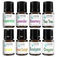 Trevida Essential Oil Sample Pack Starter Set of 8-2.8 ml bottles - lavender, rosemary, tea tree, sweet orange, lemon, oregano and eucalyptos - Ideal for Aromatherapy and Therapeutic Grade